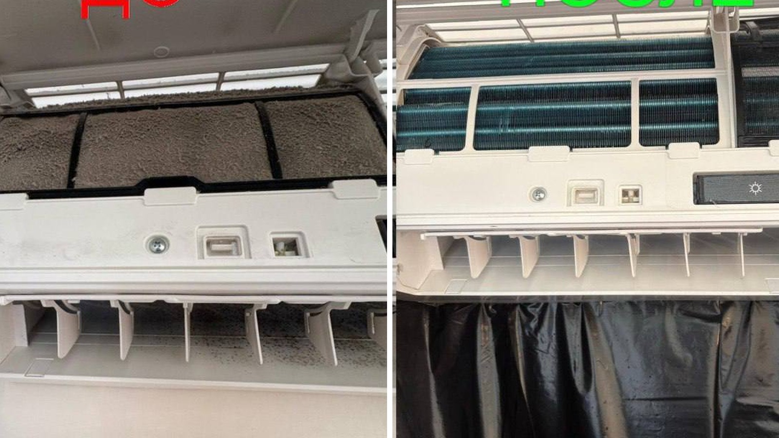 Фильтры и лицевая часть кондиционера до и после чистки