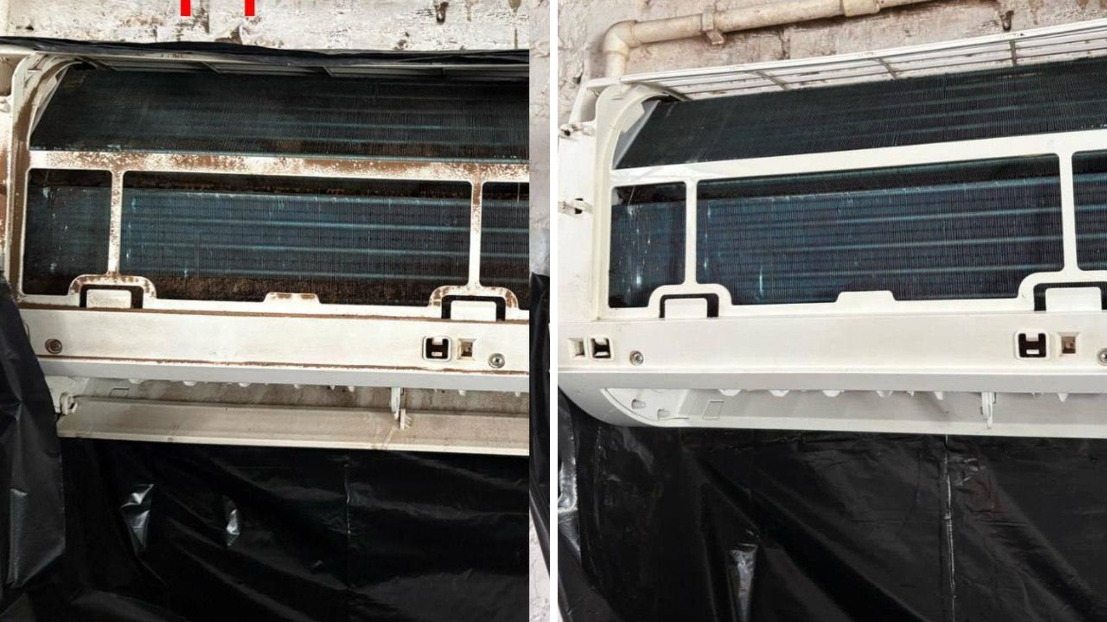 Внутренний блок кондиционера до и после мойки и чистки